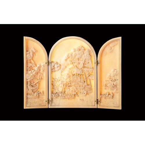 French Dieppe Carved Ivory Triptych Depicting the French Fleet Engaged in a Naval Battle